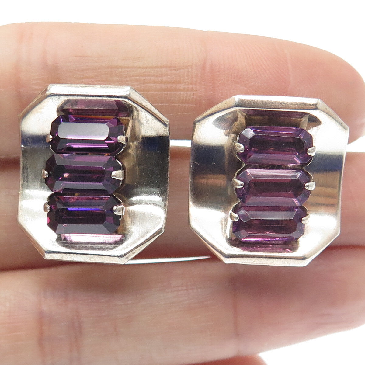 925 Sterling Silver Antique Art Deco Purple Rhinestone Screw Back Earrings