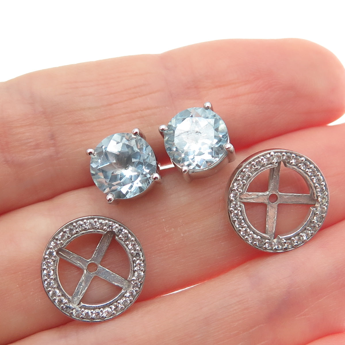 925 Sterling Silver Real White & Blue Topaz Interchangeable Earrings
