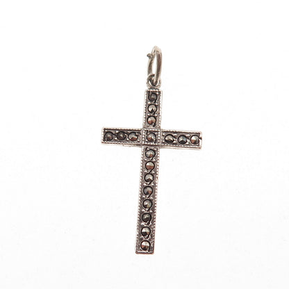 Theda 925 Sterling Silver Antique Art Deco Real Marcasite Cross Charm Pendant