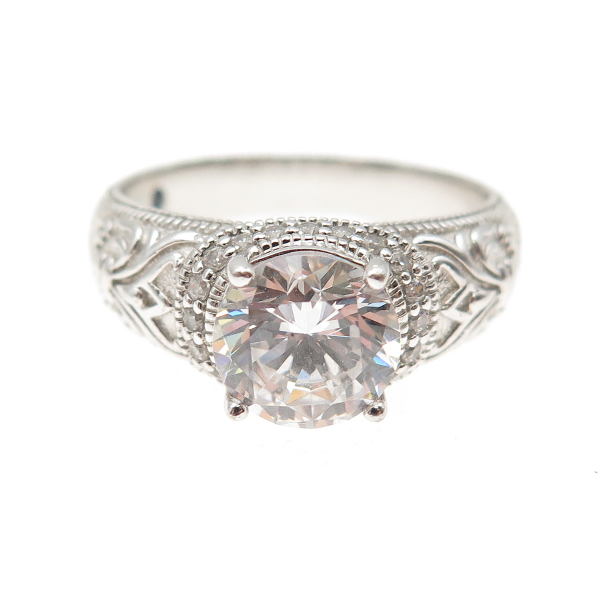 VANNA K 925 Sterling Silver Round-Cut C Z Fleur de Lis Engagement Ring Size 9.25