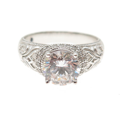 VANNA K 925 Sterling Silver Round-Cut C Z Fleur de Lis Engagement Ring Size 9.25