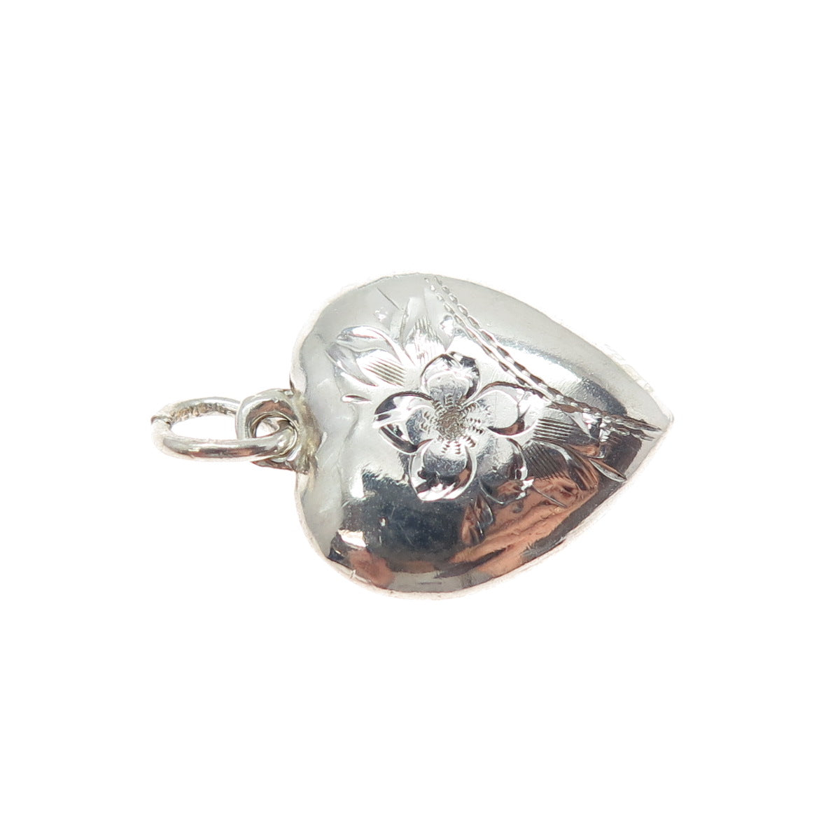 925 Sterling Silver Antique Engraved Flower Heart Chatelaine Mini Charm Pendant