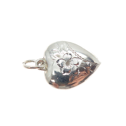 925 Sterling Silver Antique Engraved Flower Heart Chatelaine Mini Charm Pendant
