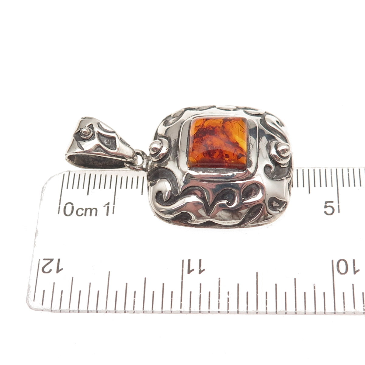 925 Sterling Silver Vintage Real Amber Ornate Oxidized Charm Pendant