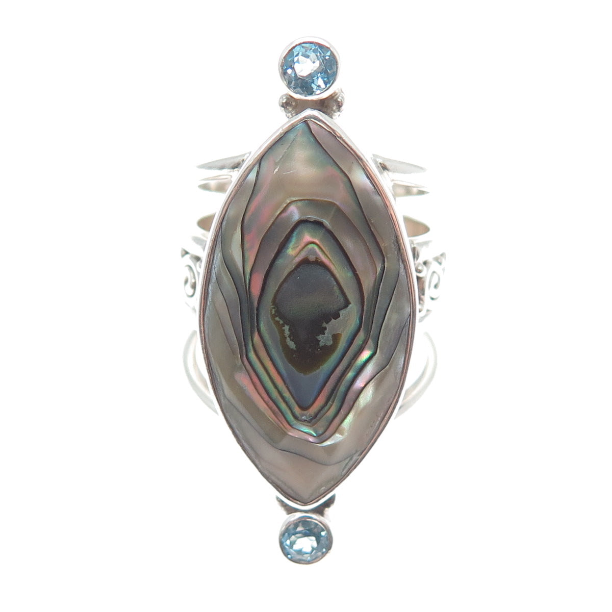 SAJEN Sterling Silver Vintage Real Abalone Shell Topaz Adjustable Ring Size 10.5