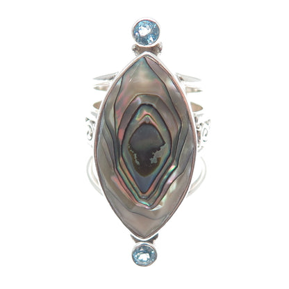 SAJEN Sterling Silver Vintage Real Abalone Shell Topaz Adjustable Ring Size 10.5