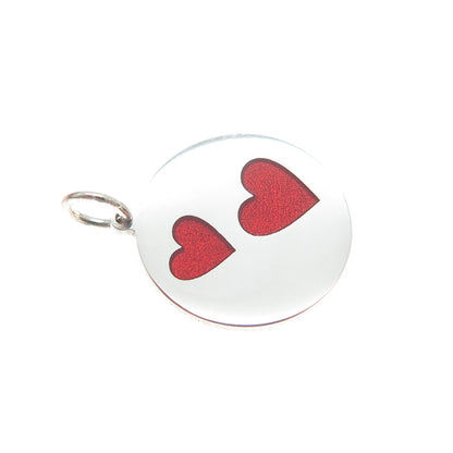 925 Sterling Silver Red Enamel Couple Heart Round Tag Minimalist Charm Pendant