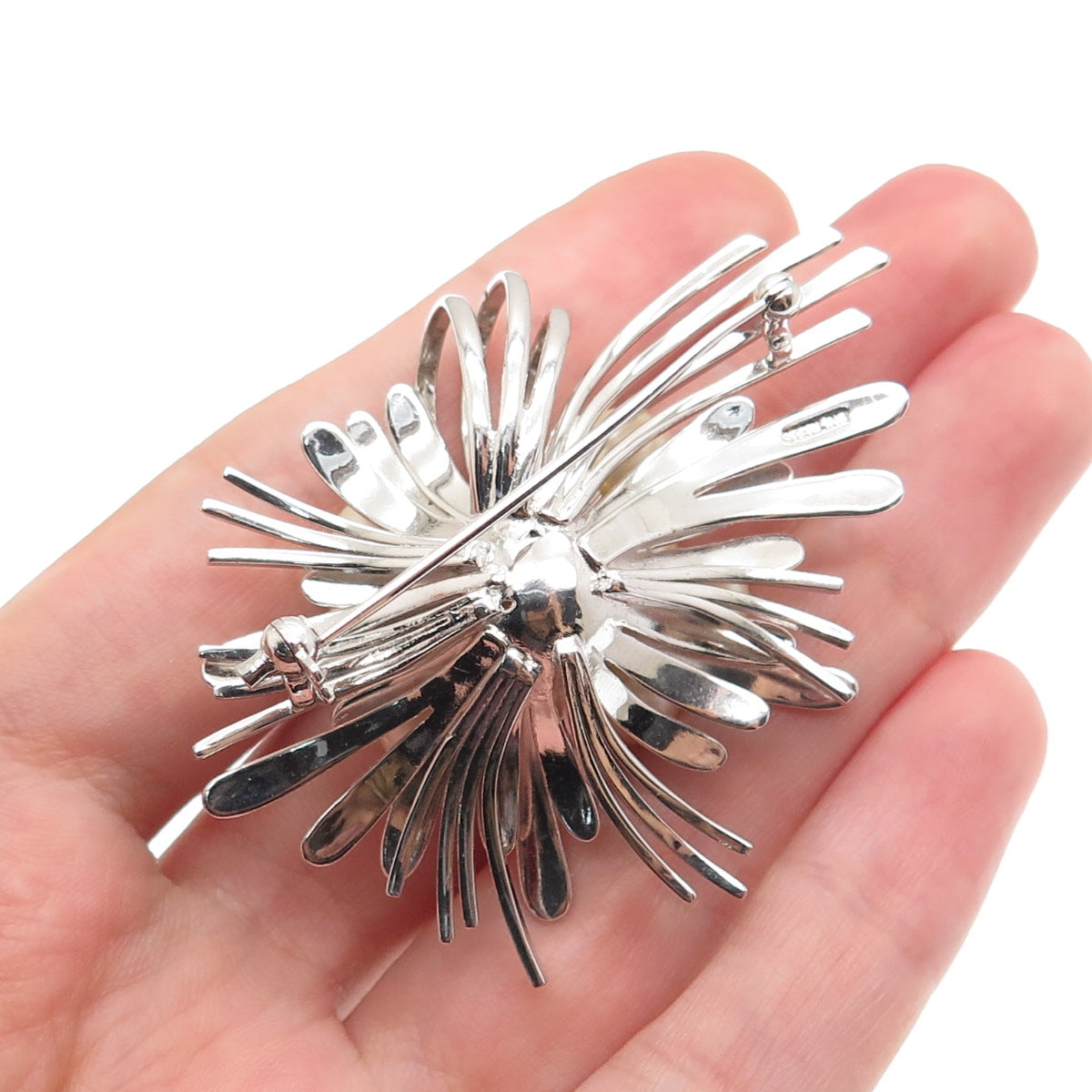 925 Sterling Silver Vintage Real Pearl Modernist Flower Pin Brooch