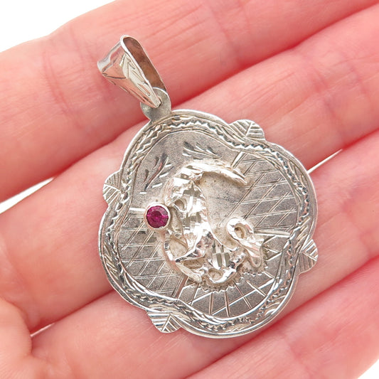 925 Sterling Silver Vintage Lab-Created Ruby Capricorn Zodiac Sign Pendant