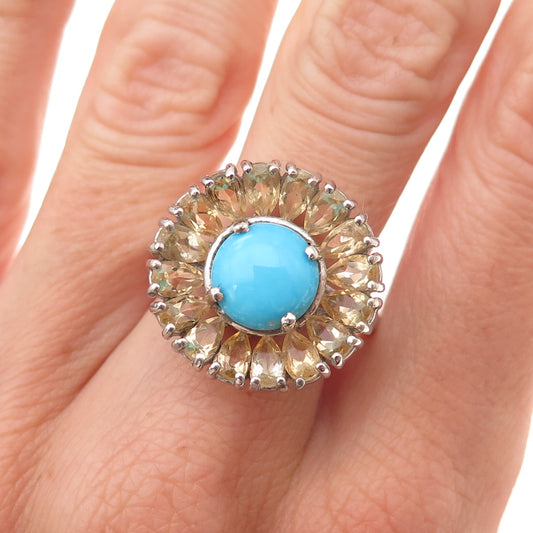 Chuck Clemency 925 Sterling Silver Real Turquoise & Citrine Floral Ring Size 8