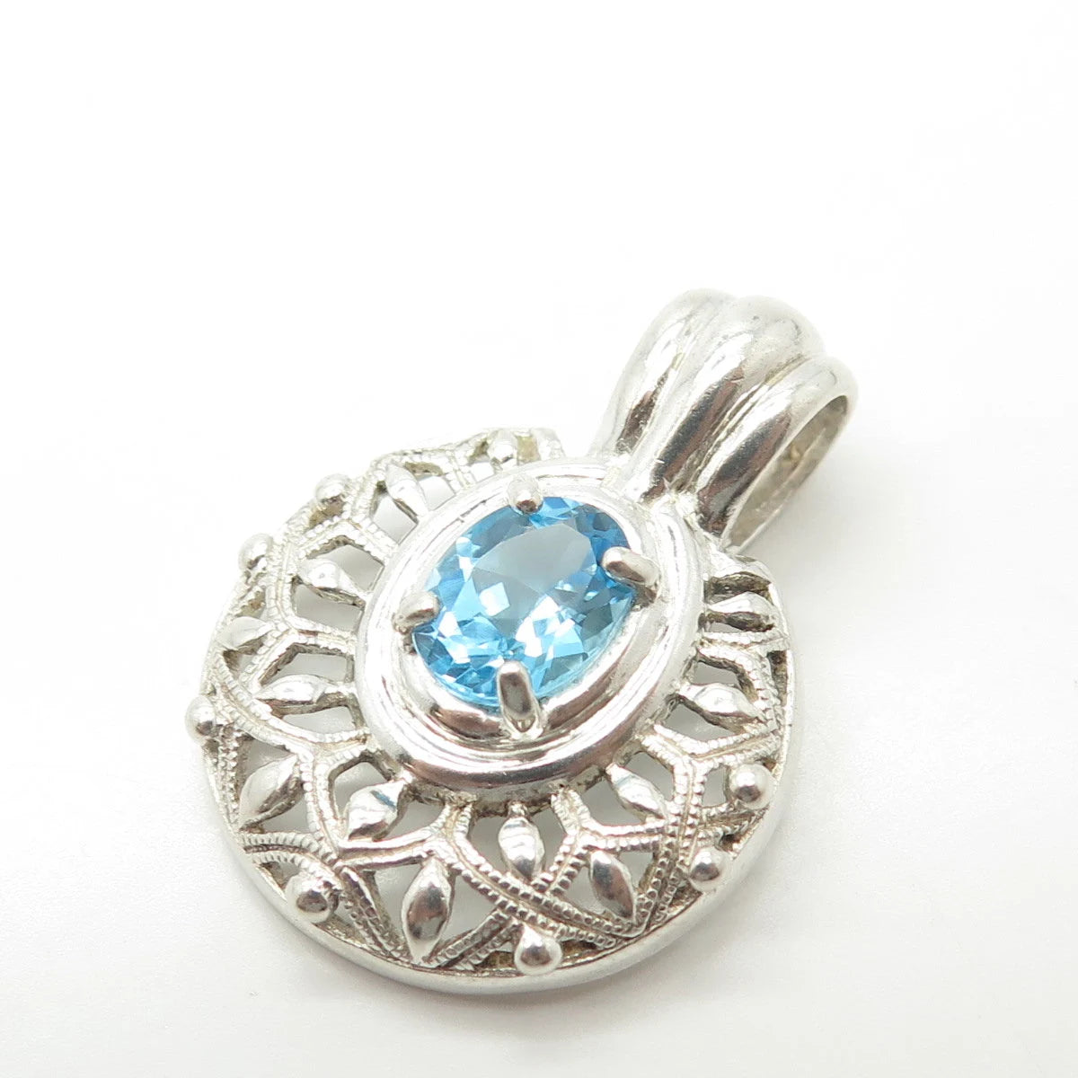 925 Sterling Silver Vintage Real Blue Topaz Gemstone Ornate Pendant