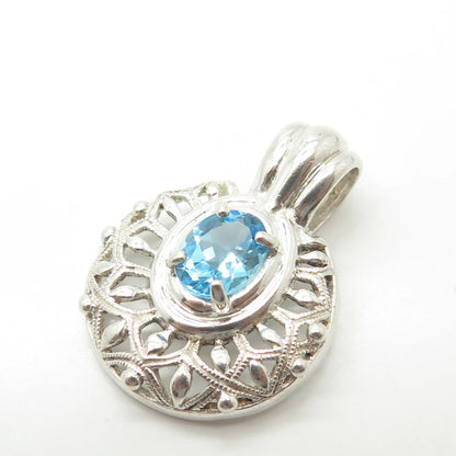 925 Sterling Silver Vintage Real Blue Topaz Gemstone Ornate Pendant