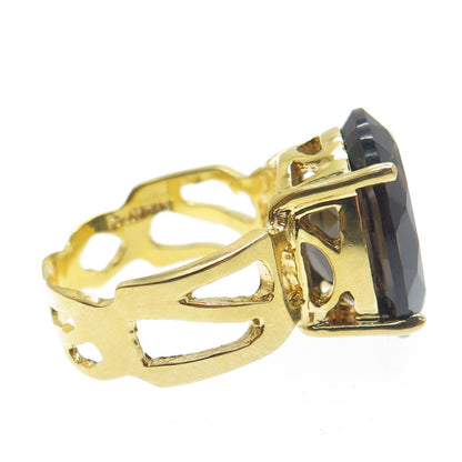 BADAVICI 925 Sterling Silver Gold Plated Real Oval-Cut Smoky Quartz Ring Size 8