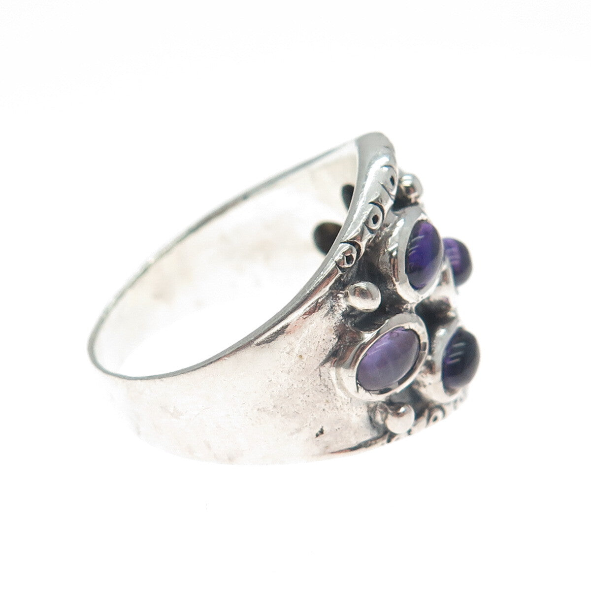 925 Sterling Silver Vintage Real Amethyst Modernist Oxidized Ring Size 9.25