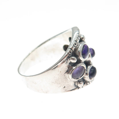925 Sterling Silver Vintage Real Amethyst Modernist Oxidized Ring Size 9.25