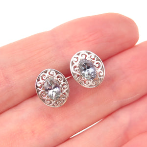 Chuck Clemency 925 Sterling Silver Real Oval-Cut Iolite Floral Stud Earrings