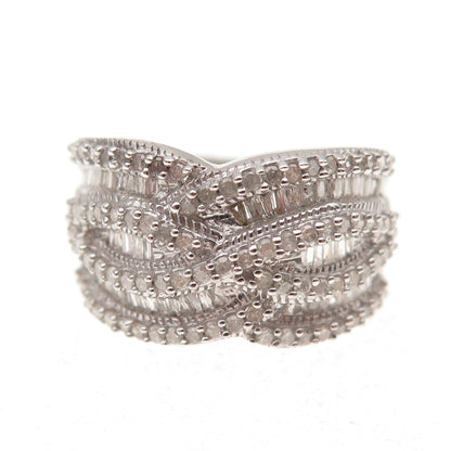 925 Sterling Silver Real Tapered Baguette & Round-Cut Diamond Ring Size 8