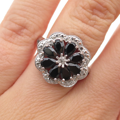 925 Sterling Silver Real Diamond & Black Spinel Flower Ring Size 6.25