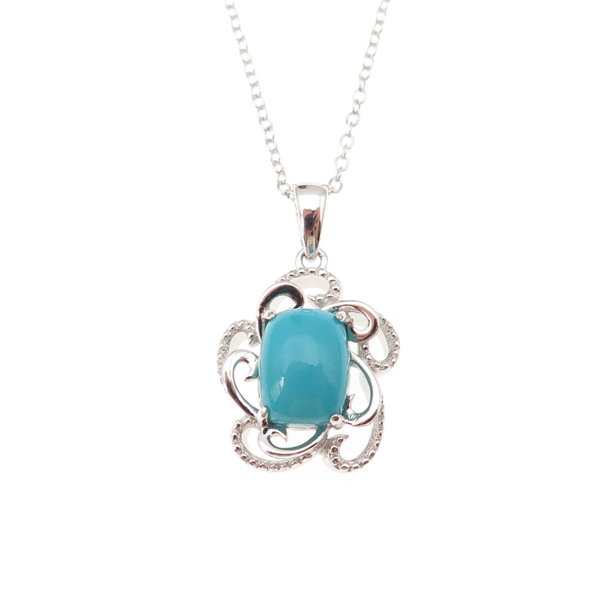 925 Sterling Silver Real Sleeping Beauty Turquoise Floral Chain Necklace 18"