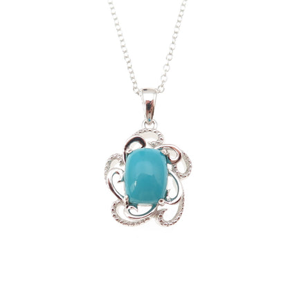 925 Sterling Silver Real Sleeping Beauty Turquoise Floral Chain Necklace 18"