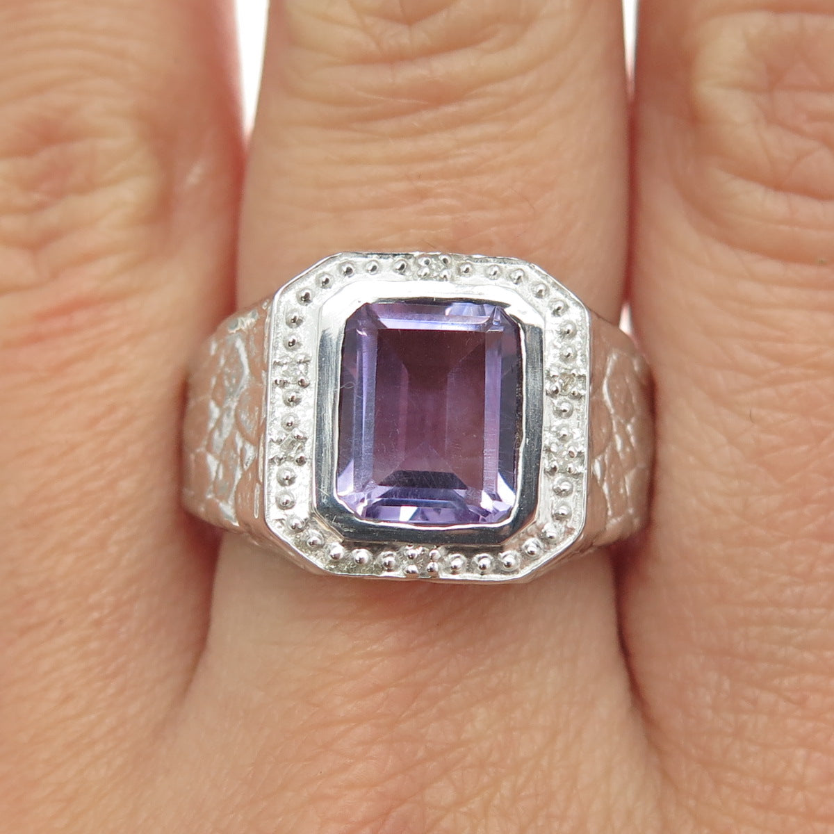 925 Sterling Silver Real Round-Cut Diamond & Amethyst Ring Size 8.75