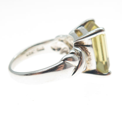 925 Sterling Silver Vintage Real Emerald-Cut Lime Citrine Ring Size 5.75