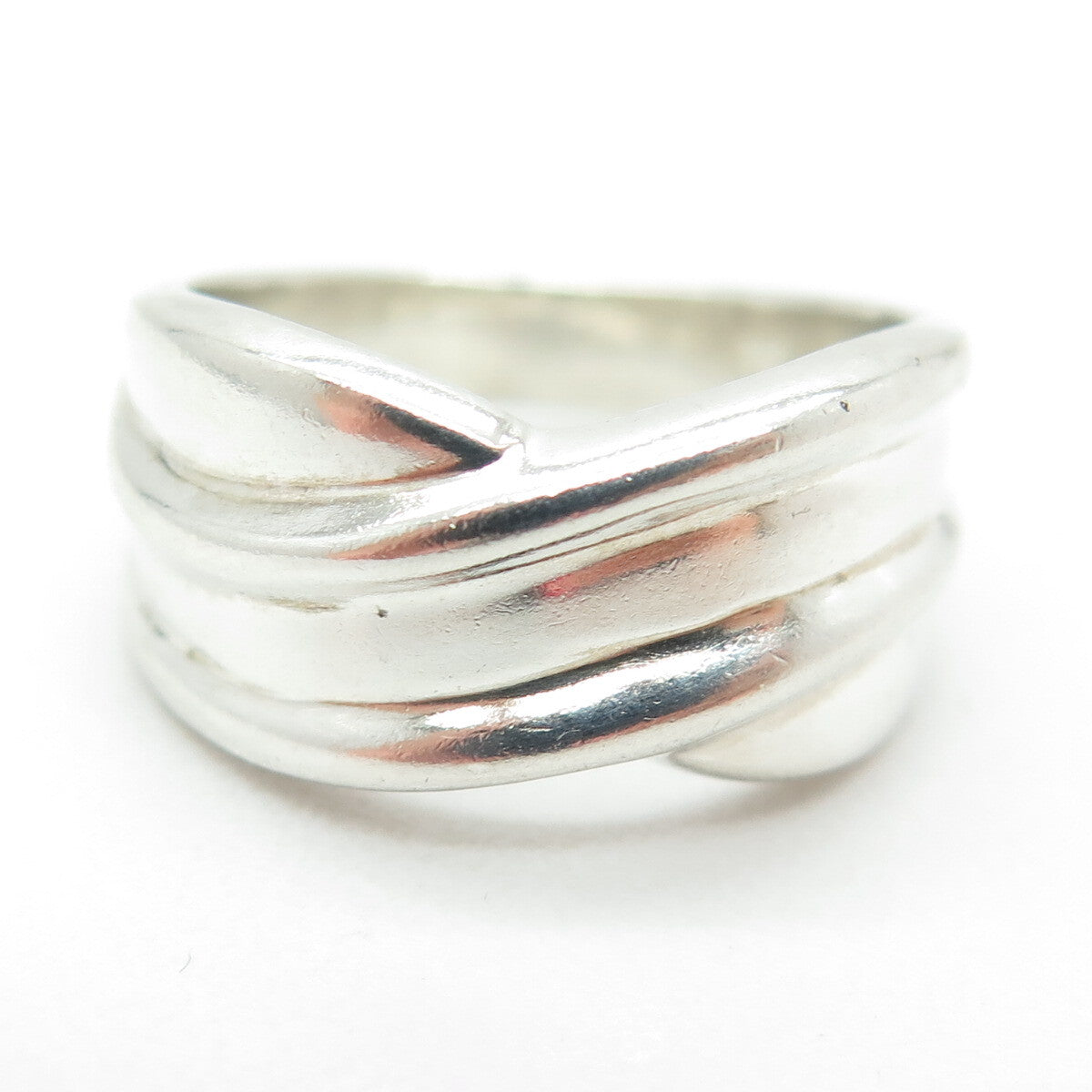 925 Sterling Silver Vintage Modernist Wavy Crisscross Ring Size 7.75