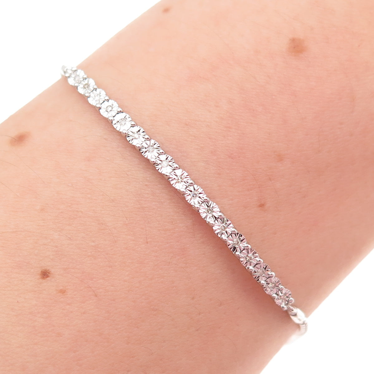 925 Sterling Silver Real Diamond Adjustable Bolo Round Box Link Bracelet 7-10"