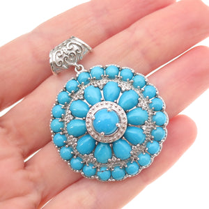 D'Joy 925 Sterling Silver Real Sleeping Beauty Turquoise & White Topaz Pendant
