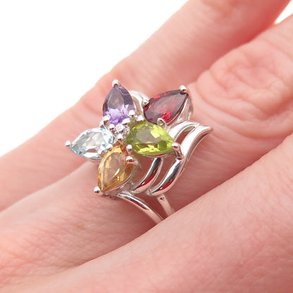 925 Sterling Vintage Real Topaz Citrine Amethyst Garnet & Peridot Ring Size 5