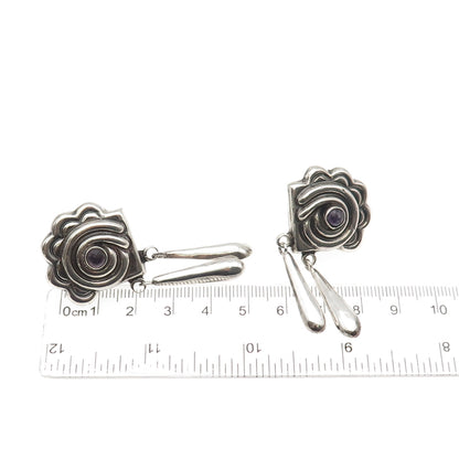925 Sterling Vintage Mexico Real Amethyst Floral Dangle Screw Back Earrings