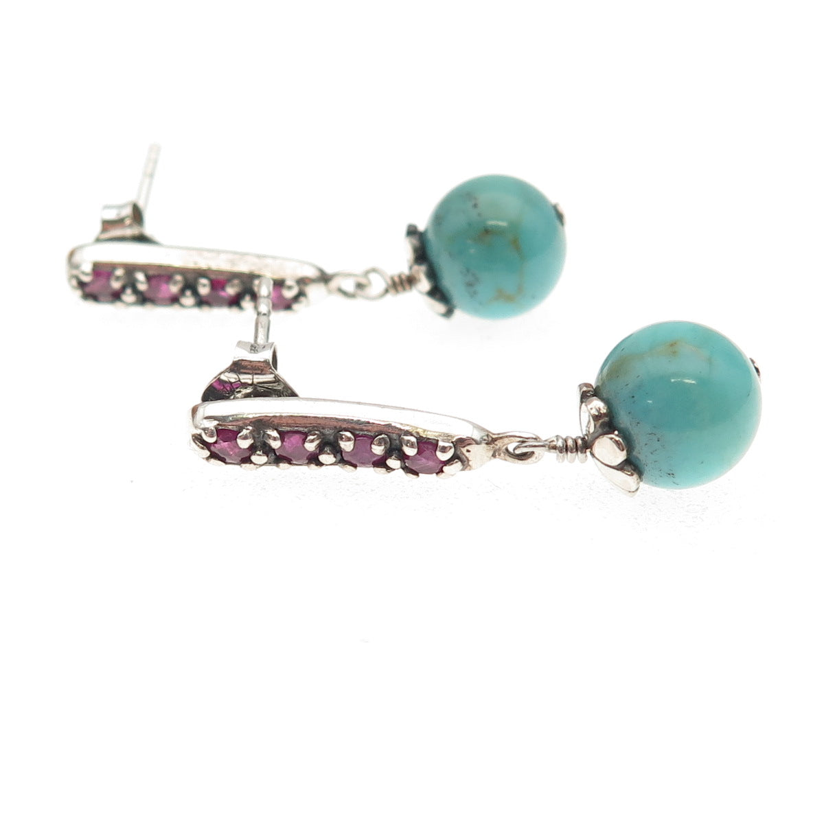 SX Sally C 925 Sterling Silver Vintage Real Ruby & Turquoise Dangle Earrings