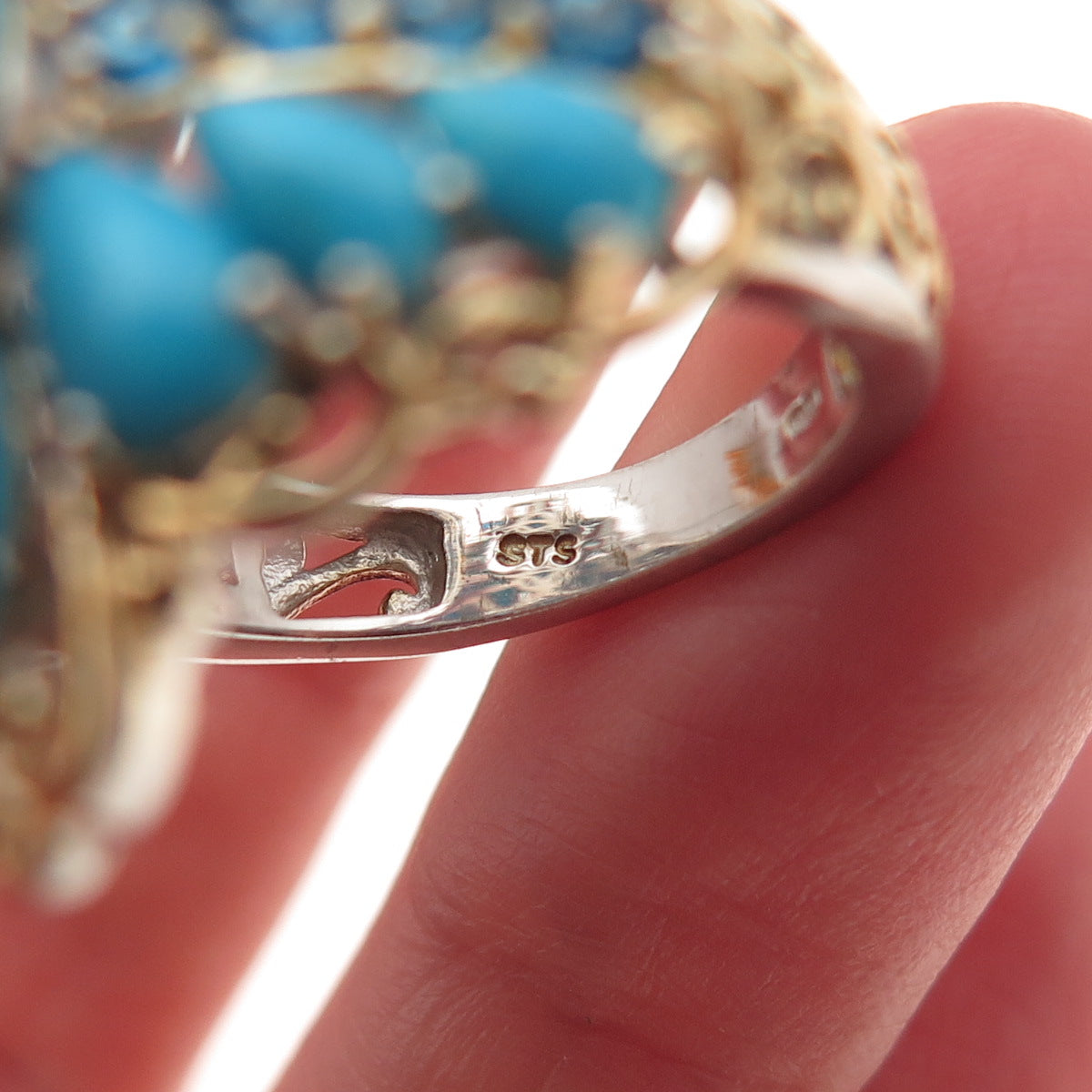 Chuck Clemency 925 Sterling Silver 2-Tone Real Turquoise Apatite Ring Size 8.25