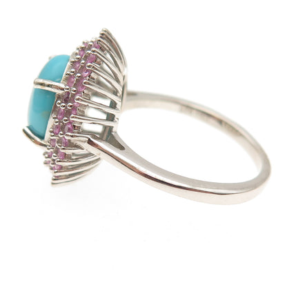 D'Joy 925 Sterling Real Sleeping Beauty Turquoise & Pink Sapphire Ring Size 8
