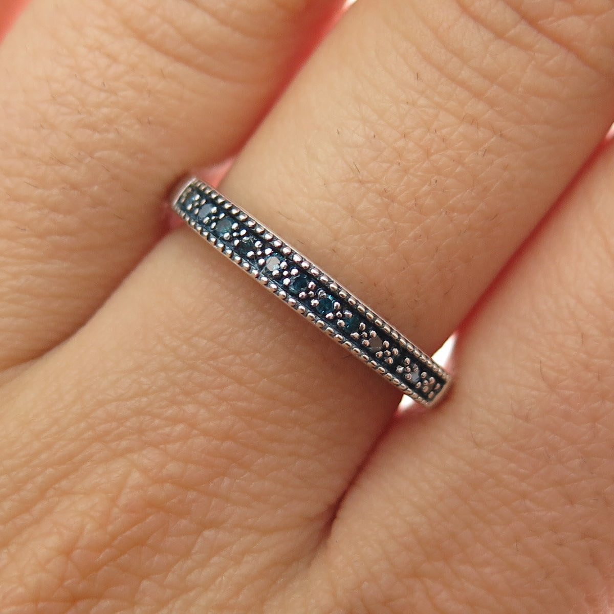 925 Sterling Silver Real Round-Cut Blue Diamond Half Eternity Ring Size 7.25