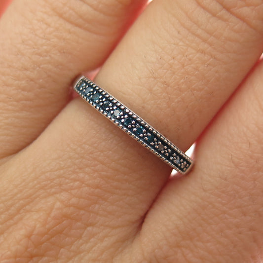 925 Sterling Silver Real Round-Cut Blue Diamond Half Eternity Ring Size 7.25