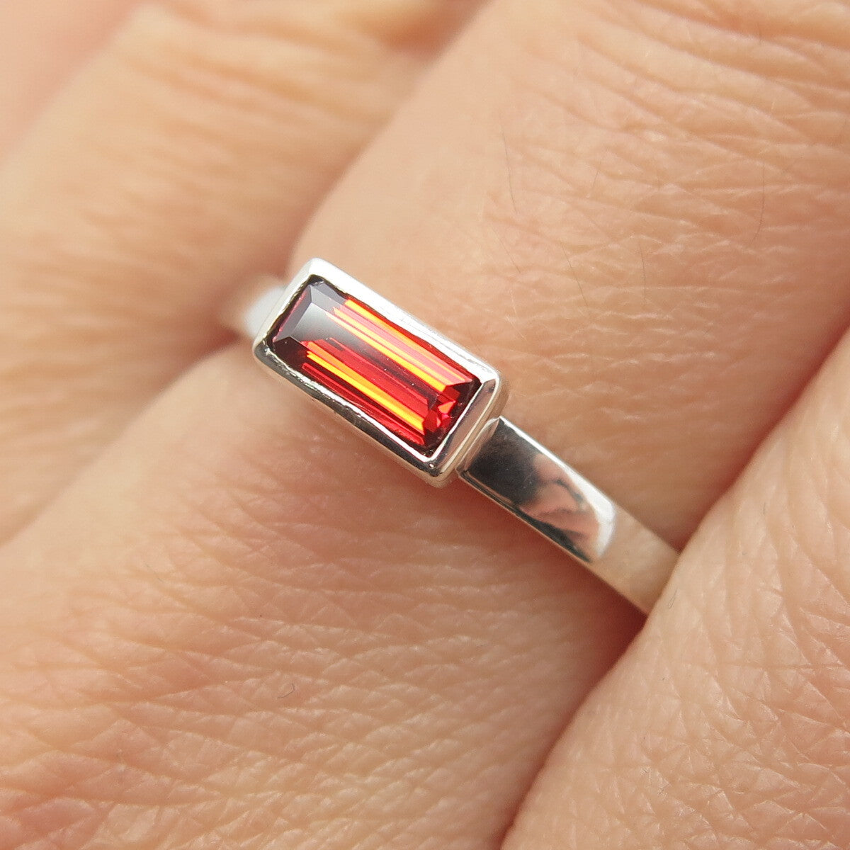 925 Sterling Silver Baguette-Cut Shaped Red C Z Ring Size 7.75