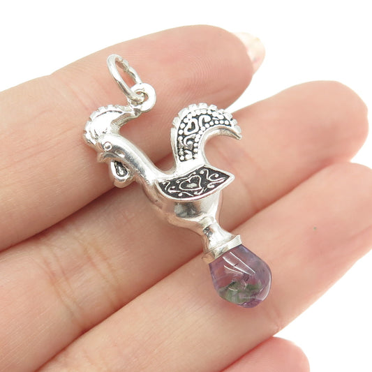 835 Silver Vintage Portugal Real Amethyst Rooster Pendant