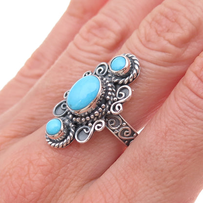 925 Sterling Silver Vintage Sleeping Beauty Turquoise Oxidized Ring Size 8.5