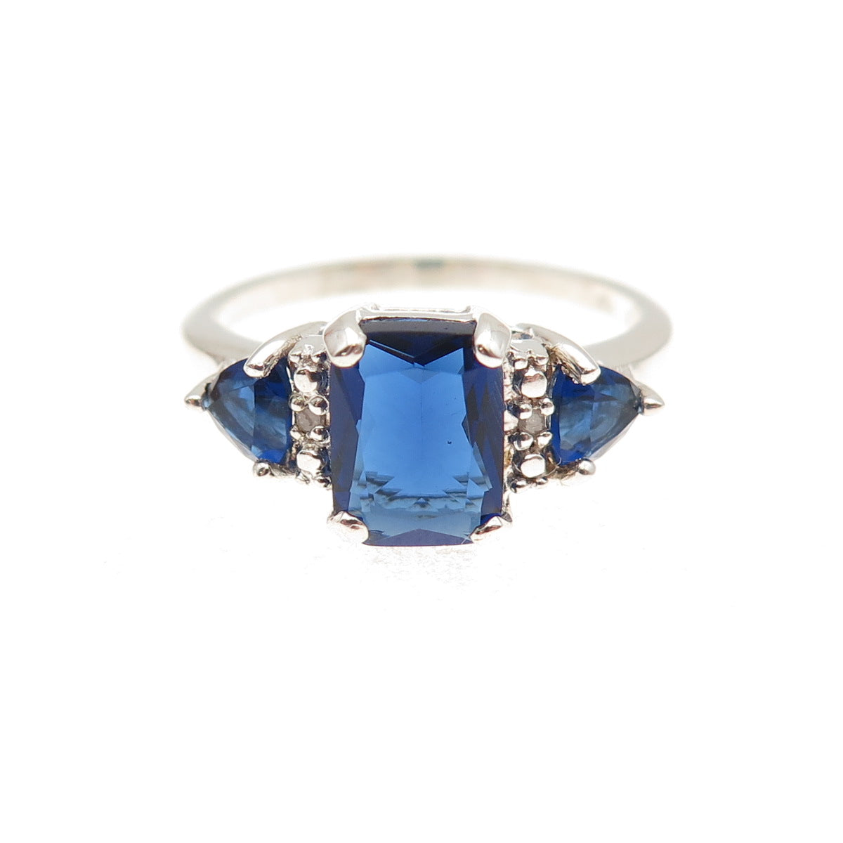 925 Sterling Silver Real Round-Cut Diamond & Blue C Z Ring Size 6.75