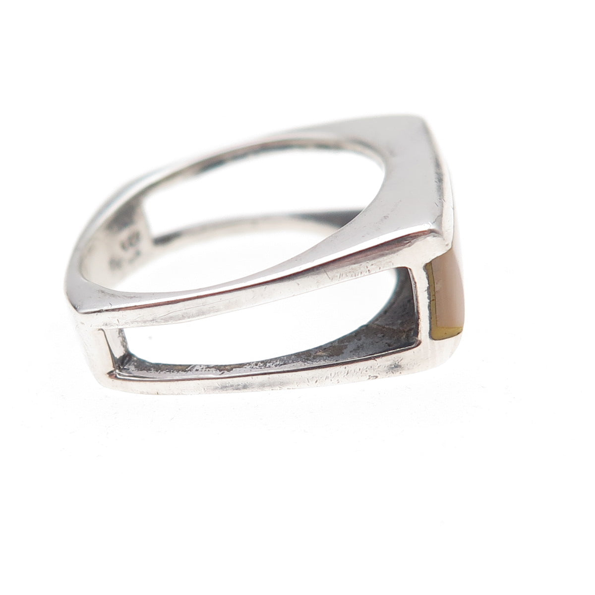925 Sterling Silver Vintage Real MOP Modernist Oxidized Ring Size 7