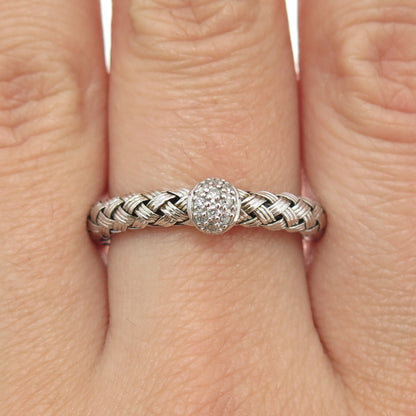 925 Sterling Silver Real White Diamond Wicker Ring Size 6.25