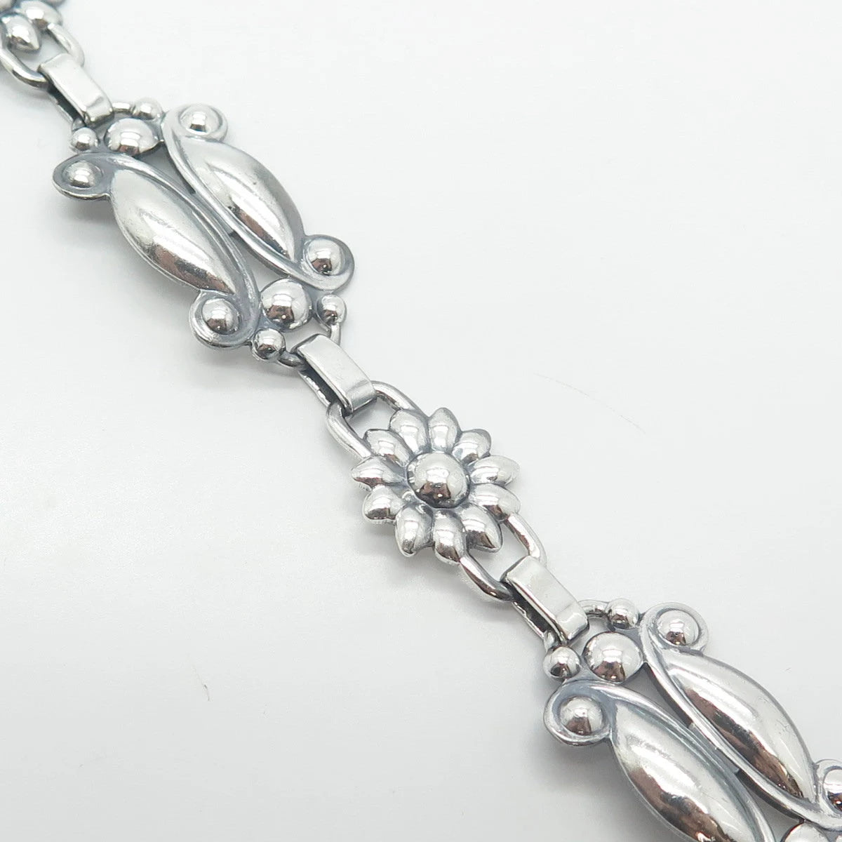 925 Sterling Silver Vintage Floral Link Bracelet 7.5"