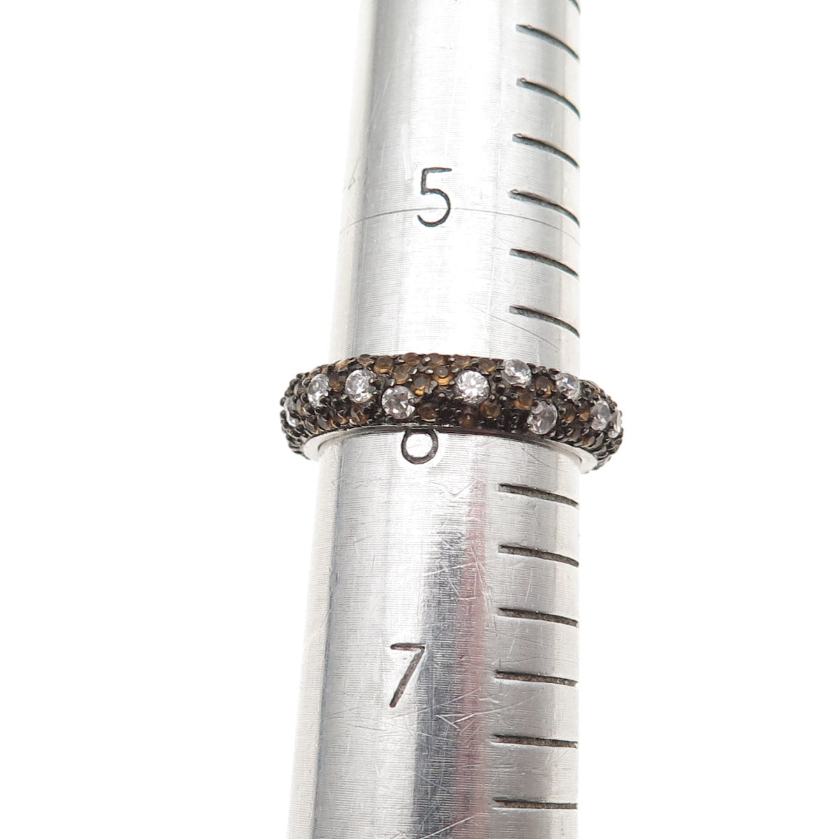 925 Sterling Silver Real Round-Cut Smoky Quartz & C Z Band Ring Size 6