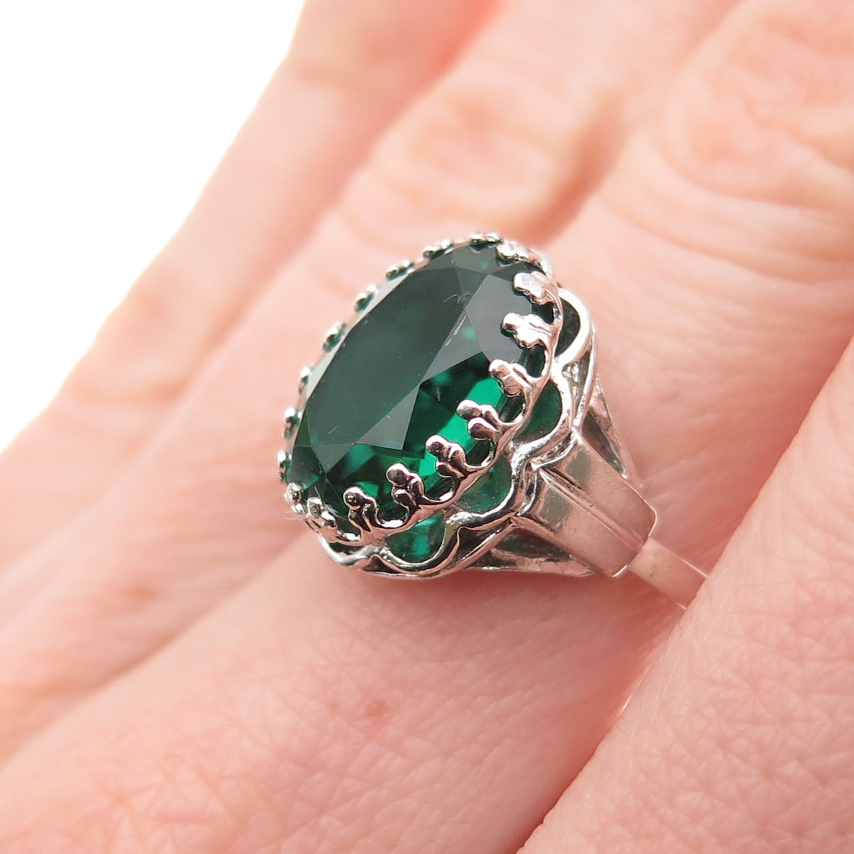 Diadema Sterling Silver Antique Art Deco Oval-Cut Green Glass Crown Ring Size 6
