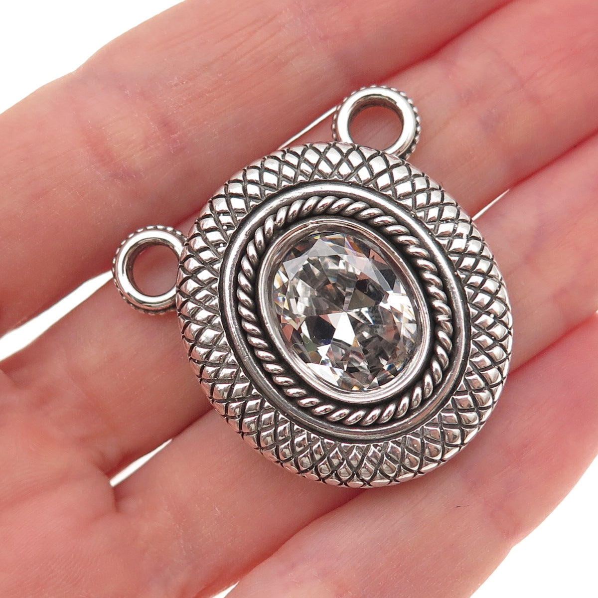 925 Sterling Silver Vintage Oval-Cut C Z Oxidized Centerpiece Slide Pendant