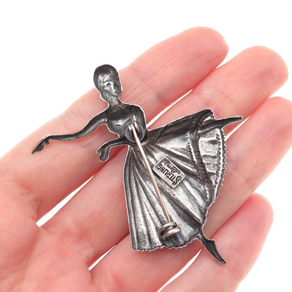 Lang 925 Sterling Silver Vintage Ballerina Repousse Oxidized Pin Brooch