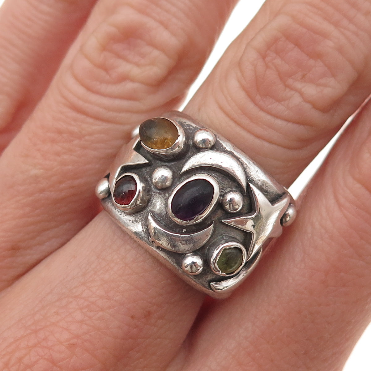925 Sterling Vintage Real Amethyst Peridot Citrine Garnet Celestial Ring Size 7