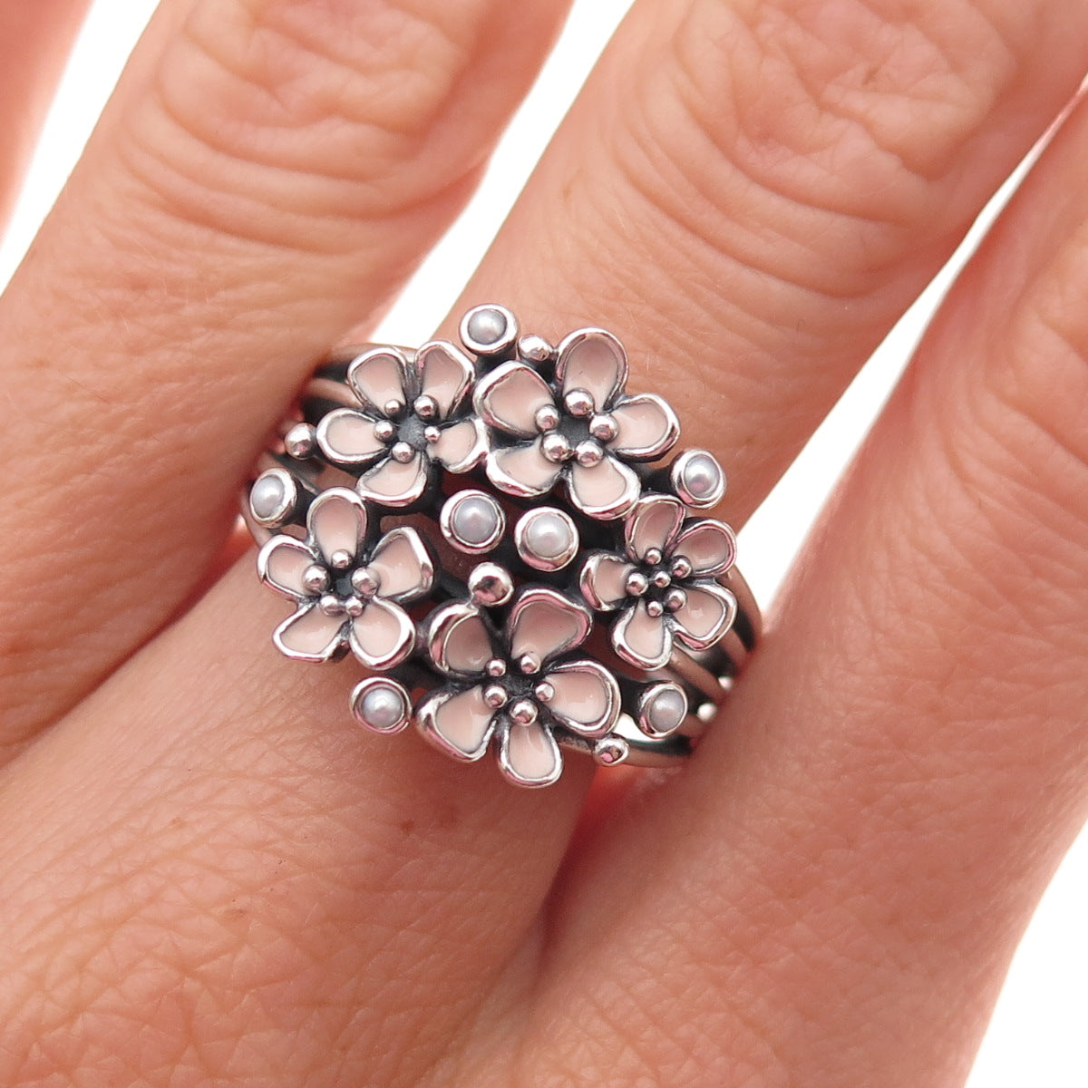 Pandora Sterling Silver Enamel Real Pearl Cherry Blossom Bouquet Ring Size 9.25