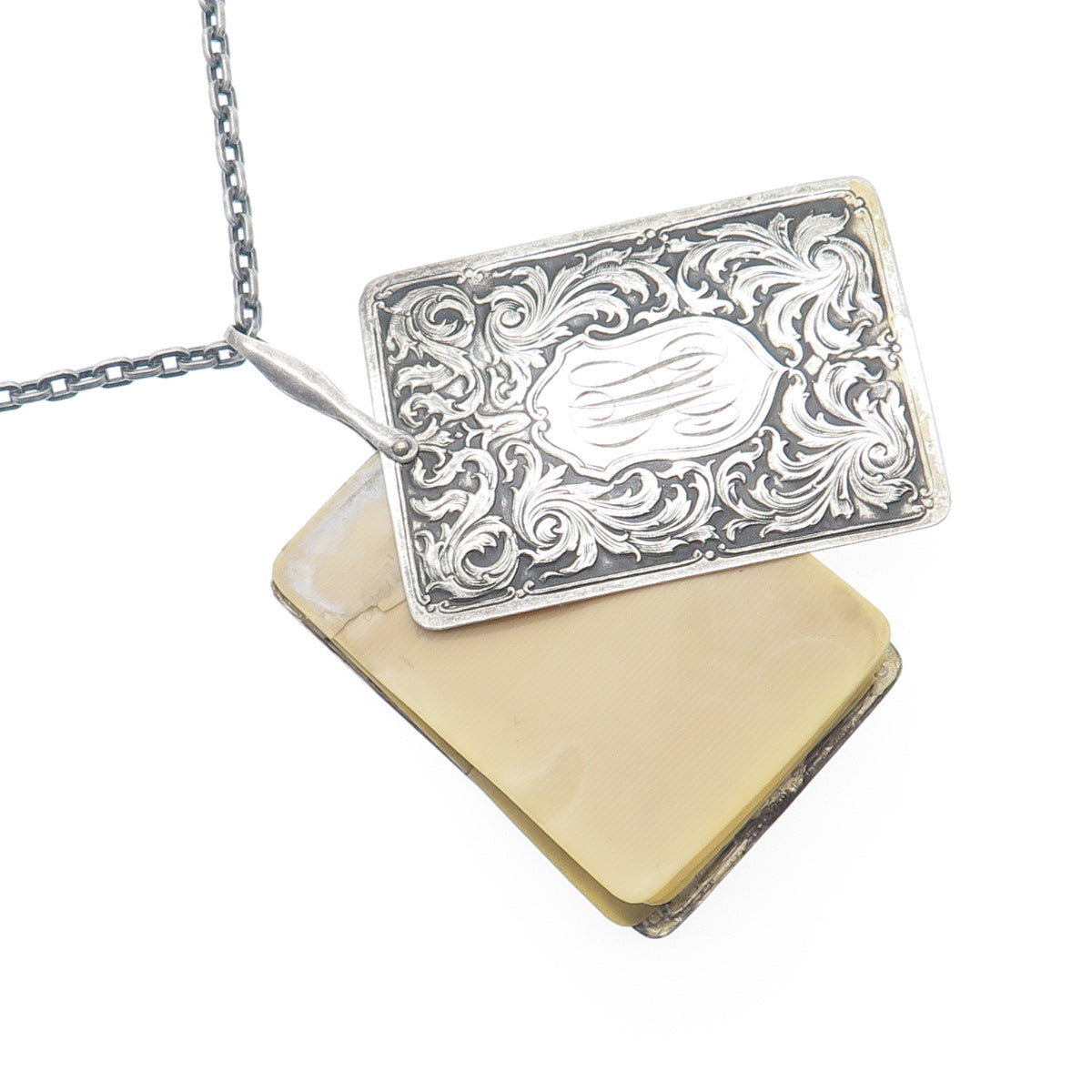 925 Sterling Silver Antique Engraved Notebook Chatelaine Oxidized Necklace 26"